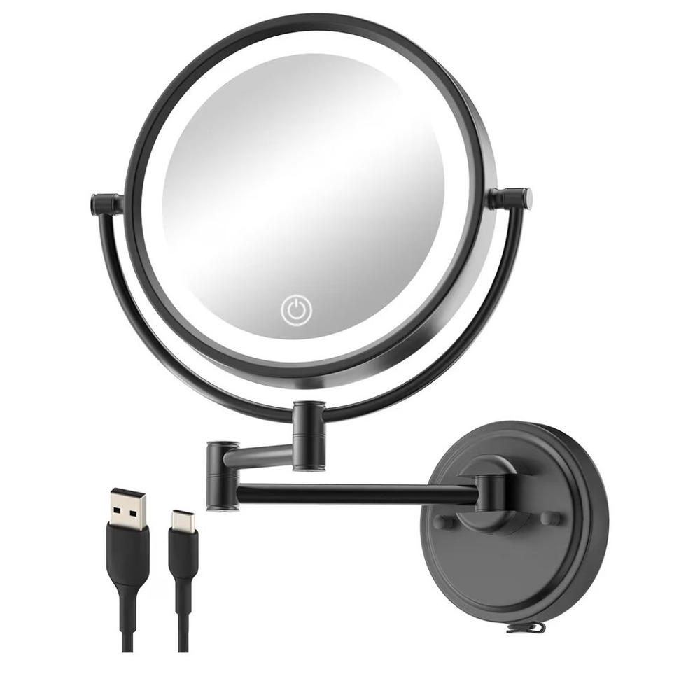 10" Lighted Wall Mount Makeup Mirror 3 Color Smart LED 5X Mag Swivel Arm‎ Black